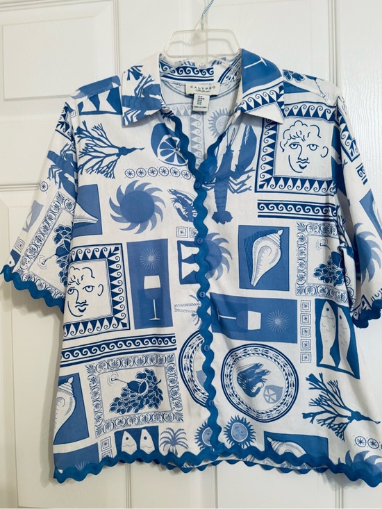 Calypso St. Barth Tops - Summery Linen Blend Button Down Top in Beautiful Blue and White